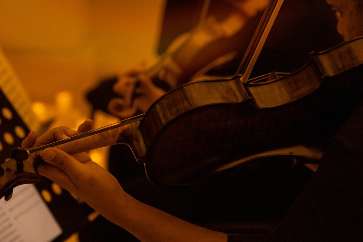 A back close up shot of a violinist performing in a dimly lit space
