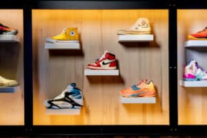NBA Courtside Restaurant / interior photo. wall of shoes