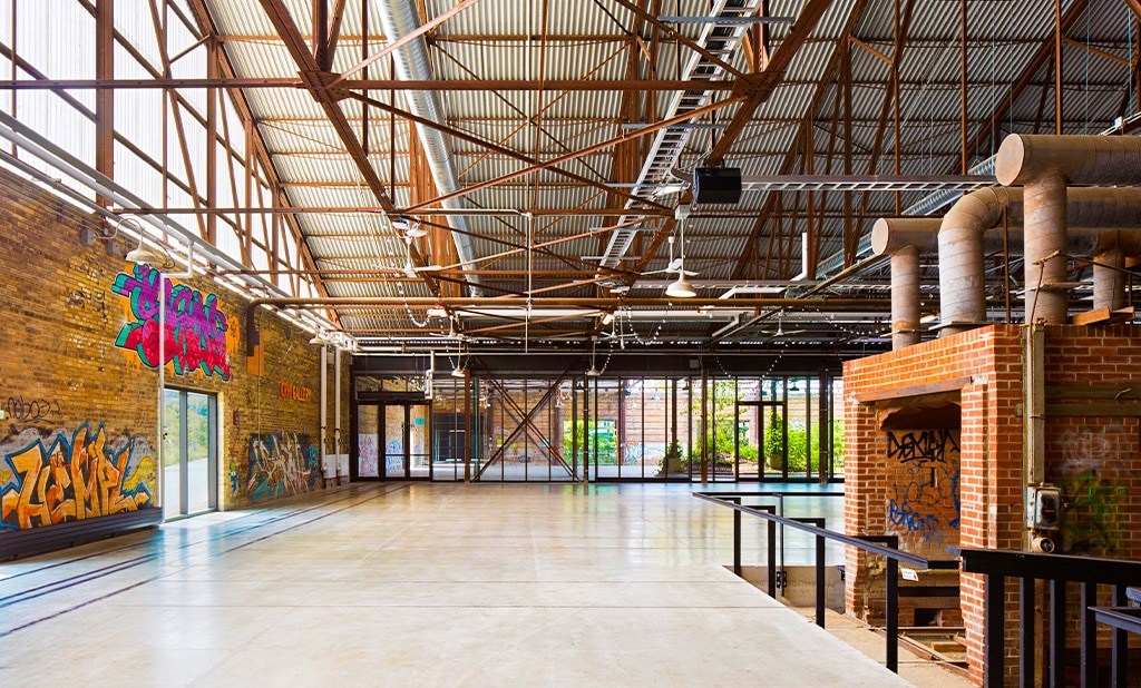 The industrial-style interior of Evergreen Brickworks in Toronto.